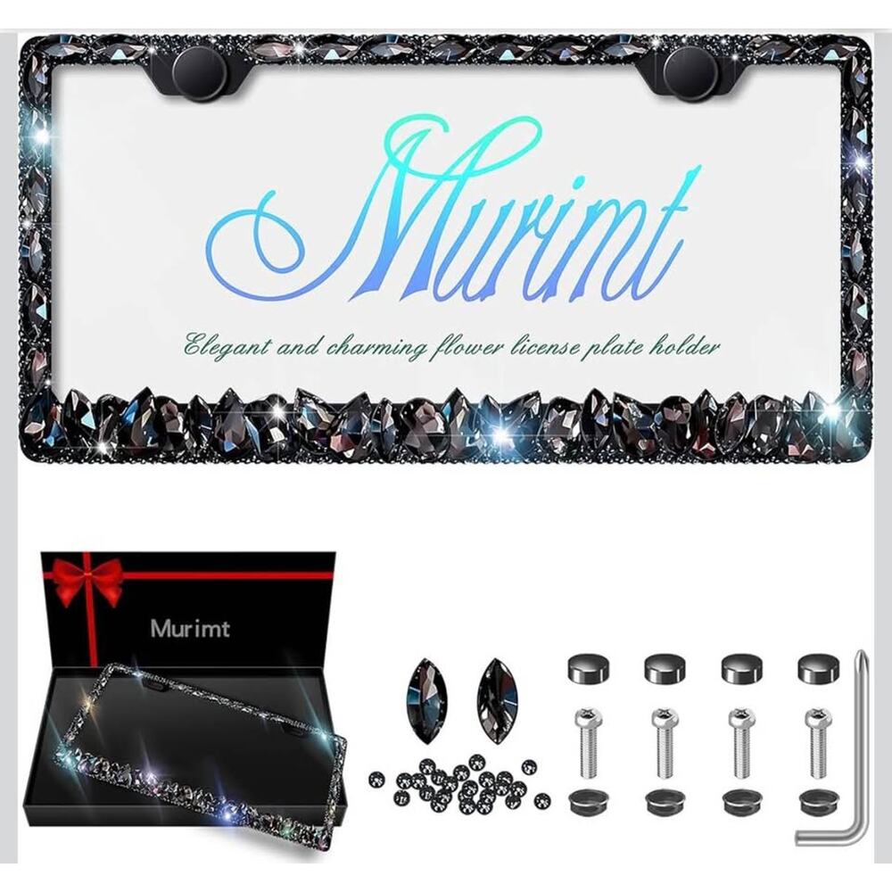 New Black Jeweled License Plate Frame with Hardware
